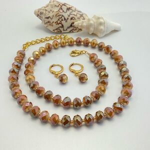 Mocha Mousse Golden Aura Beaded Necklace and Earring Set, Aura Effect, Handmade